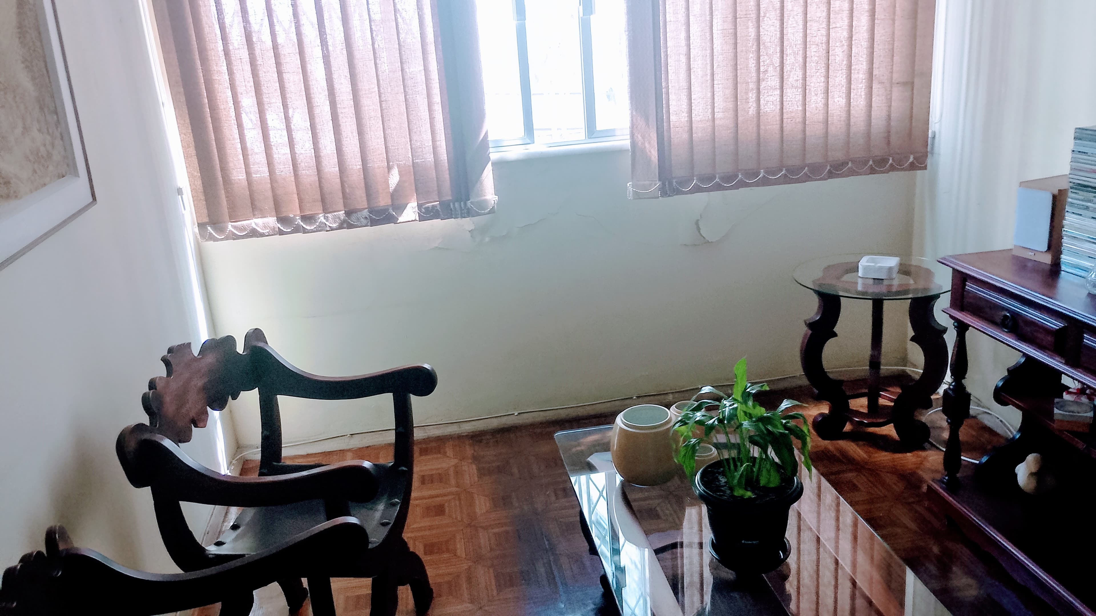 Sala com piso de madeira, poltrona clássica, mesa de centro de vidro com planta e persianas verticais.
